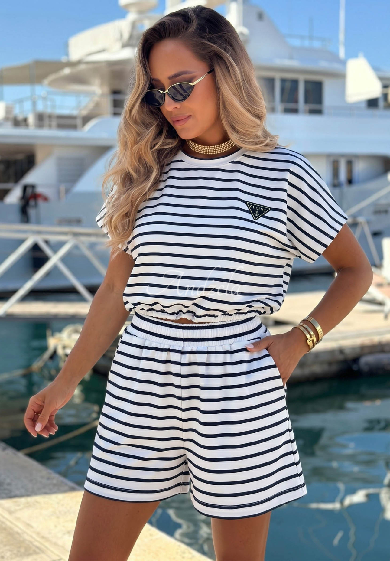 Set din bumbac tricou și pantaloni scurți în dungi M.Club