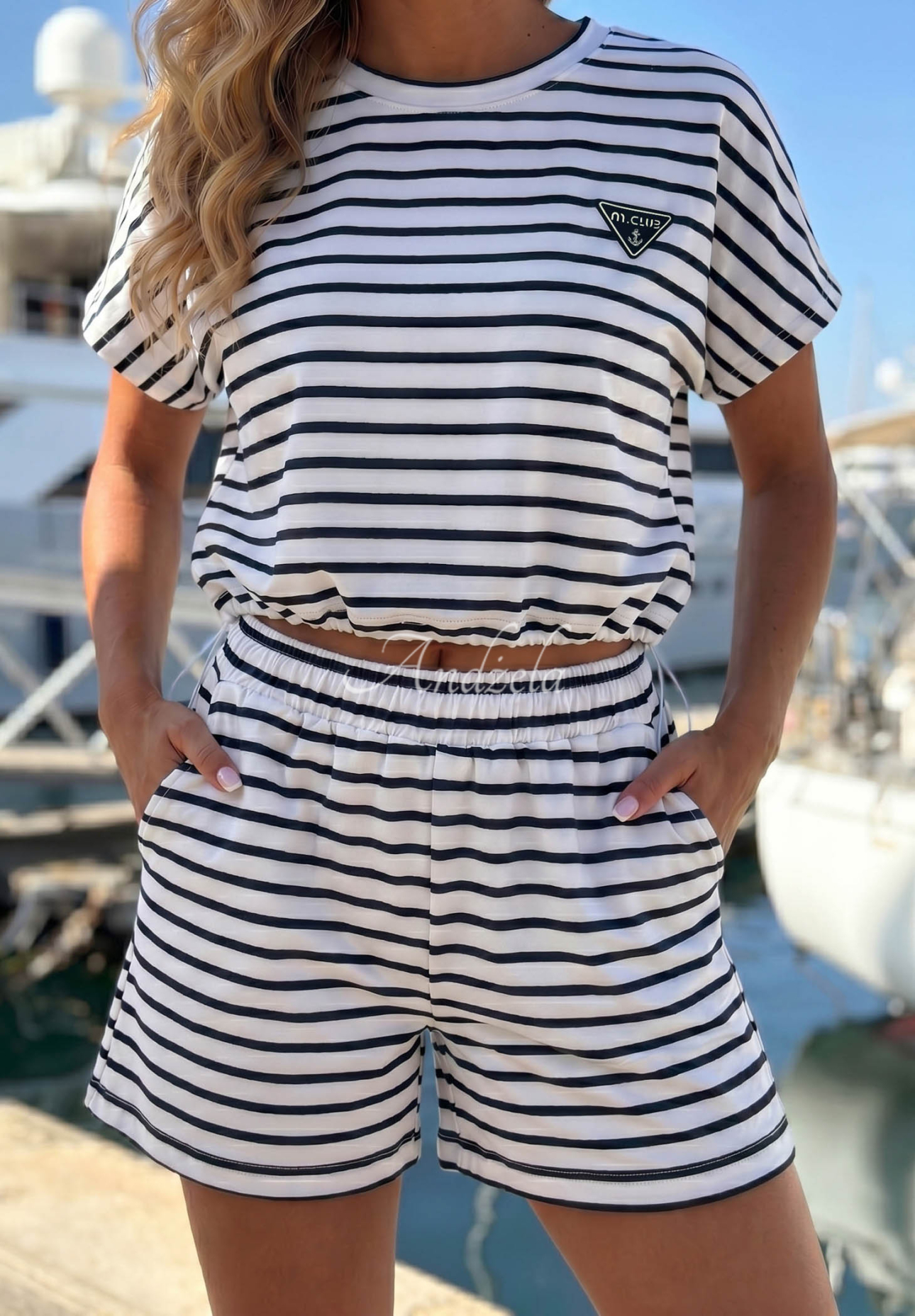 Set din bumbac tricou și pantaloni scurți în dungi M.Club