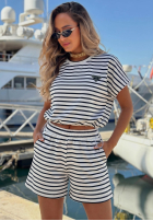 Bawełniany Compleu Bluză i Șorturi w paski Sunny Stripes Set biało-bluemarin