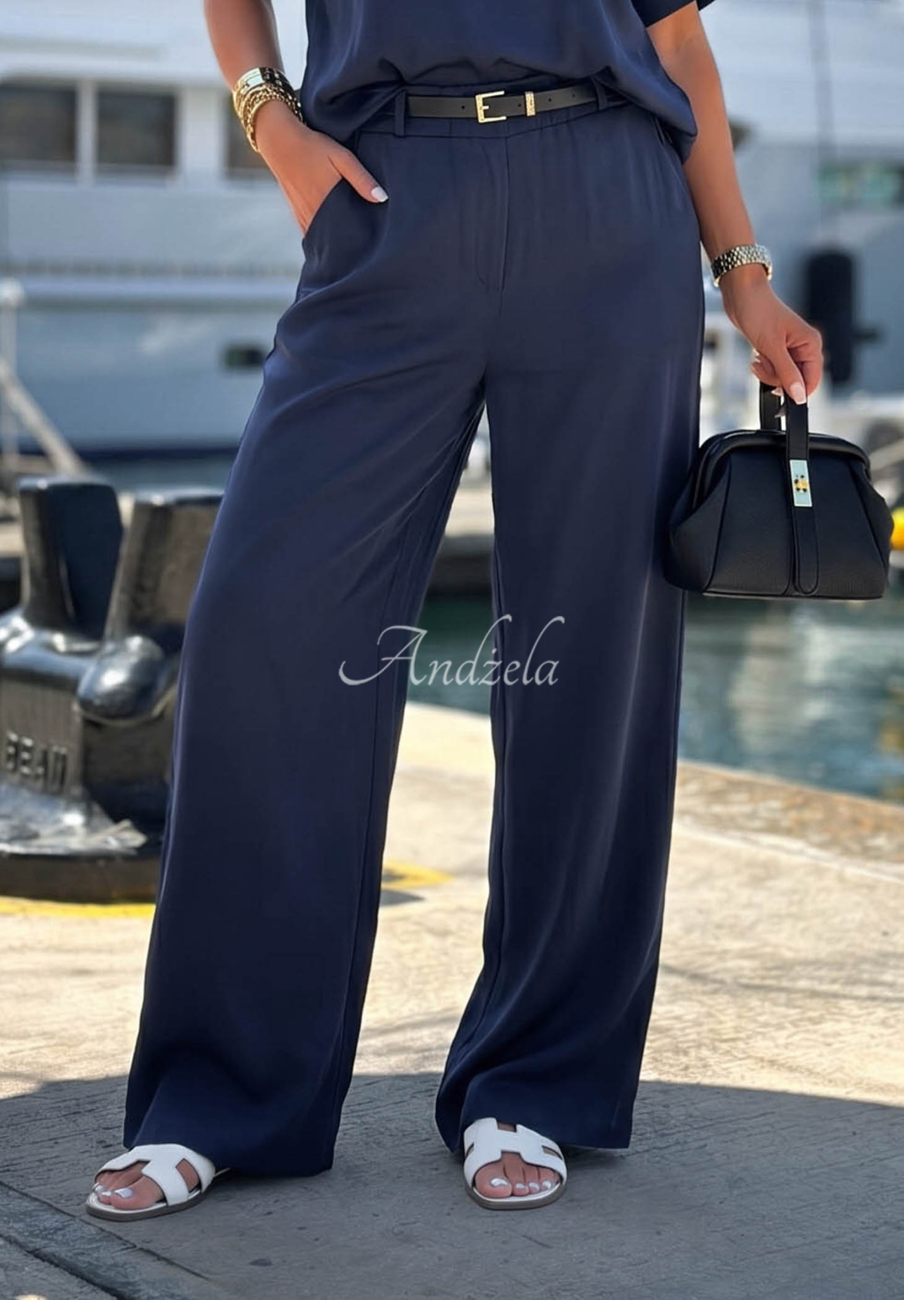 Pantaloni din viscoză wide leg cu curea Calm Water