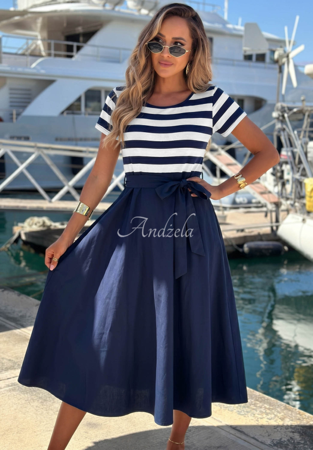 Rochie midi din viscoză &icirc;n dungi Marine Coast