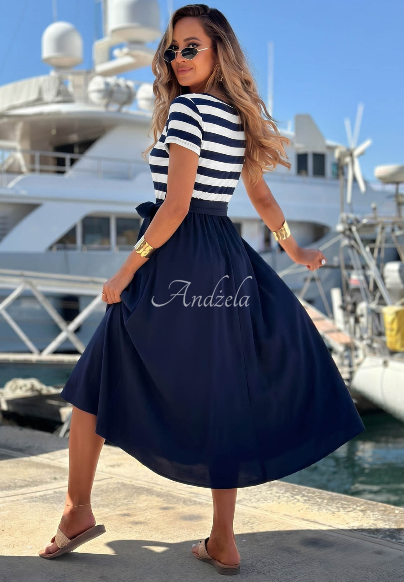 Rochie midi din viscoză în dungi Marine Coast