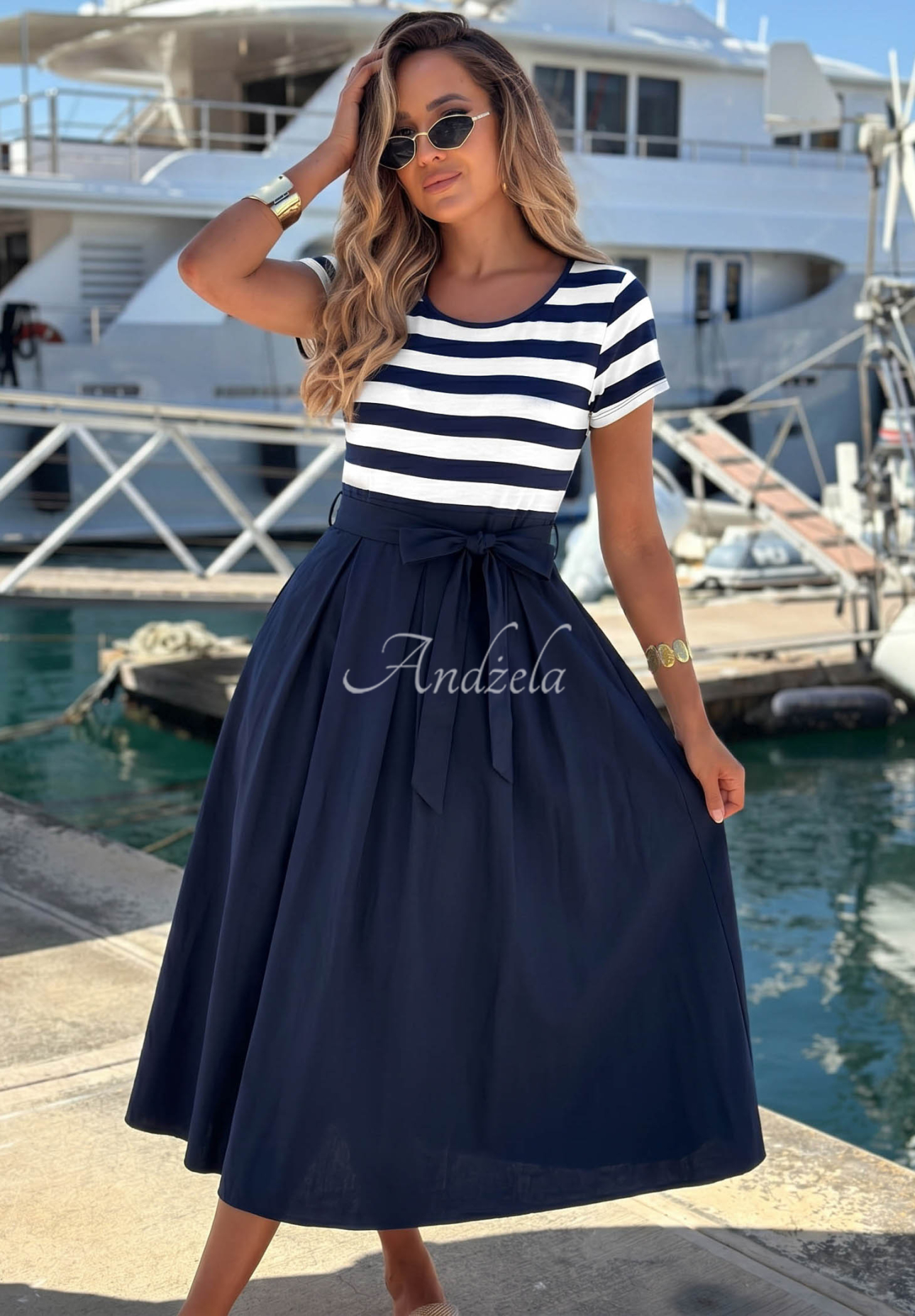 Rochie midi din viscoză în dungi Marine Coast