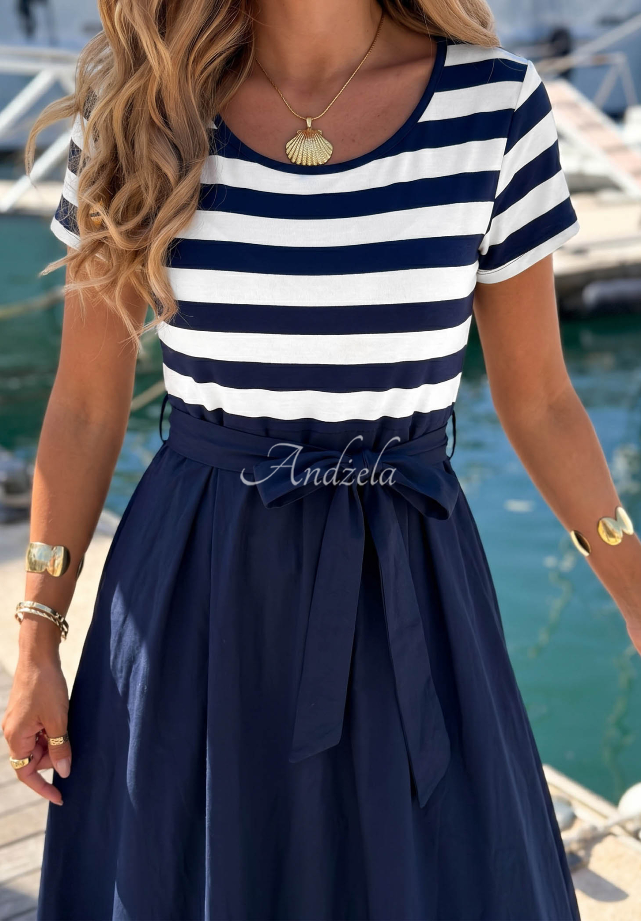 Rochie midi din viscoză în dungi Marine Coast