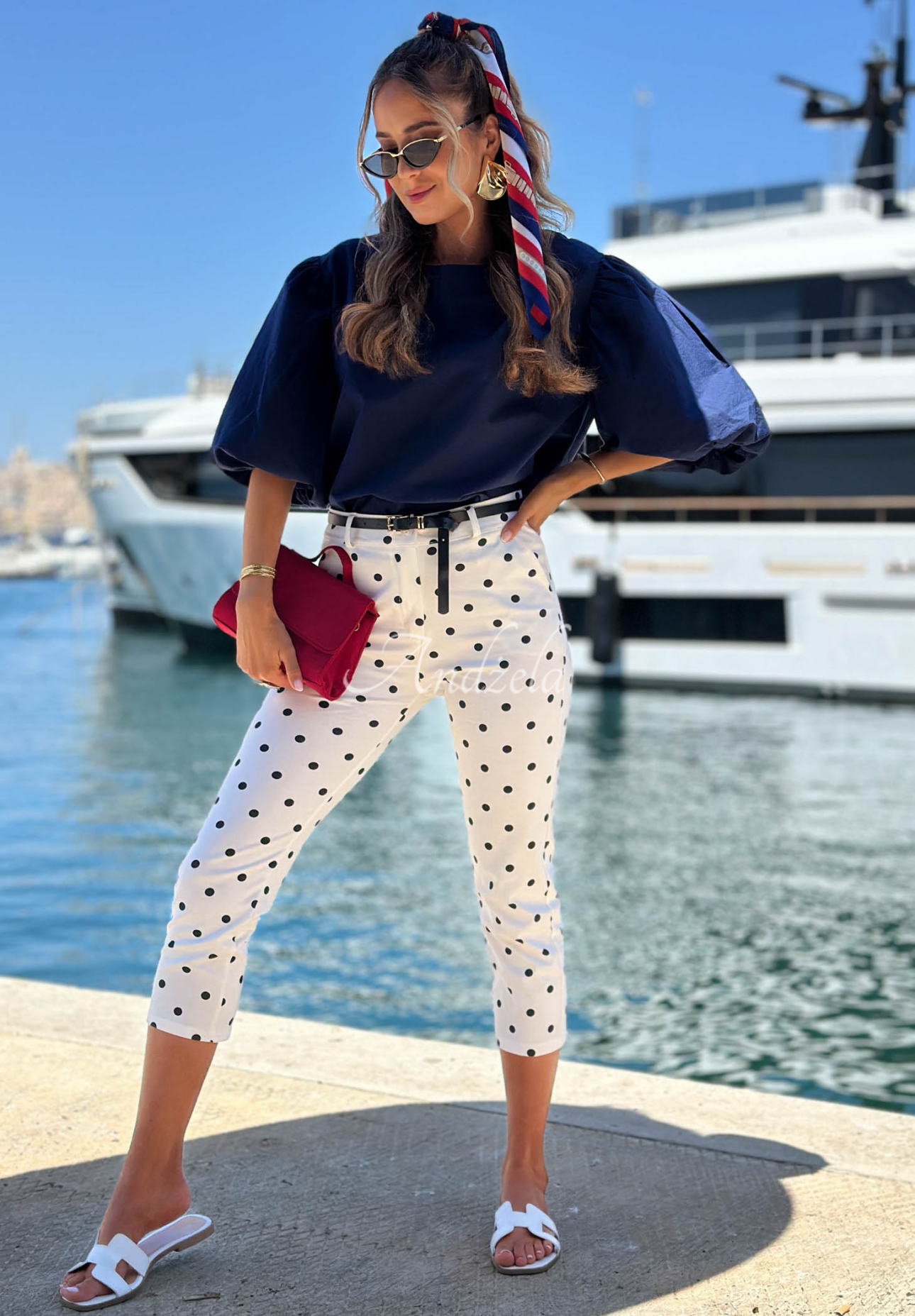 Pantaloni țigaretă din bumbac cu buline Sunny Bari