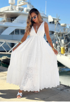 Ażurowa Rochie maxi na ramiączkach boho Sun Essence albă
