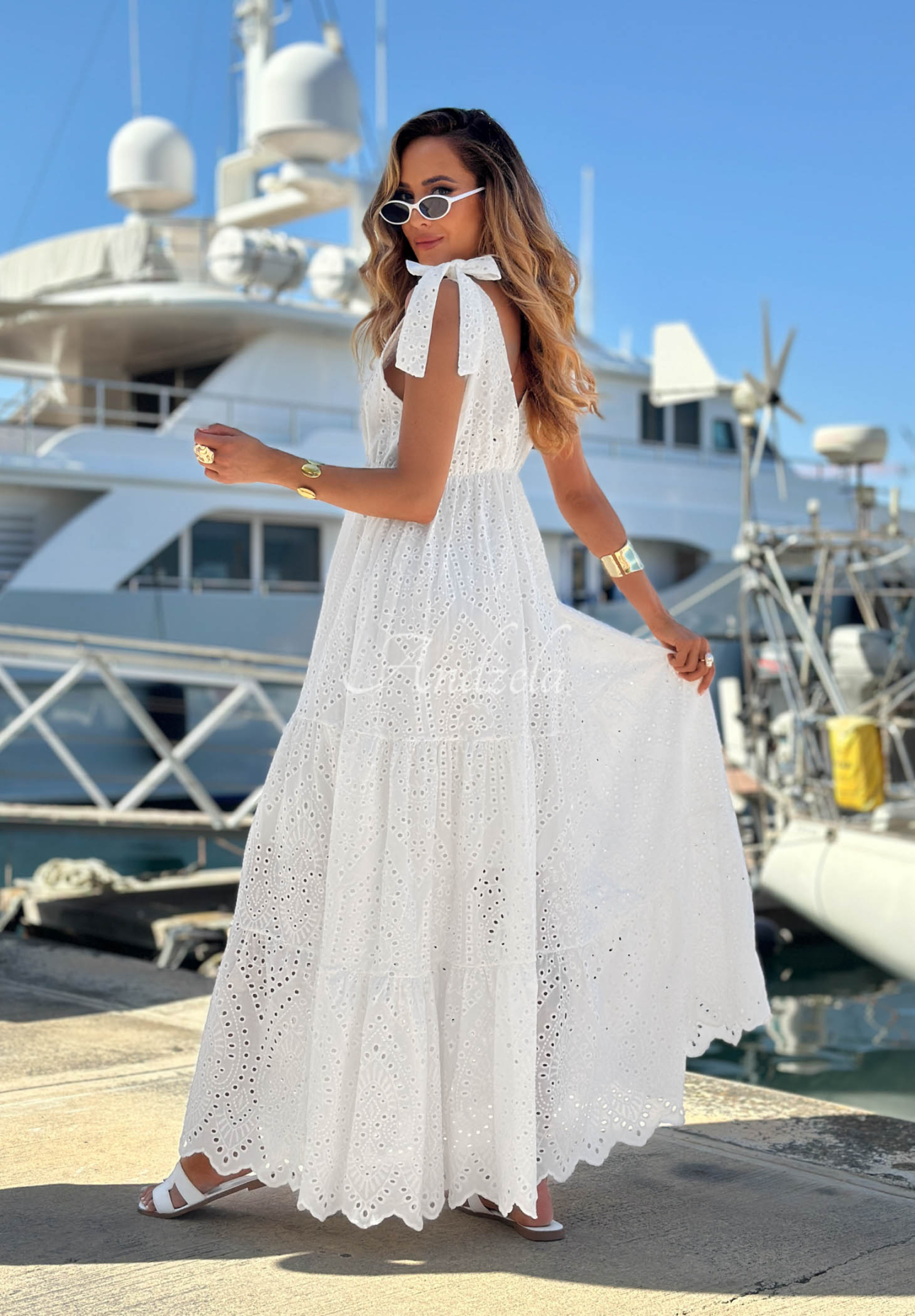 Rochie maxi din bumbac ajurată cu bretele boho Sun Essence