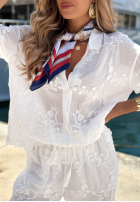 Haftowany Compleu bawełniana Cămașă i Pantaloni boho Capri Holiday Alb