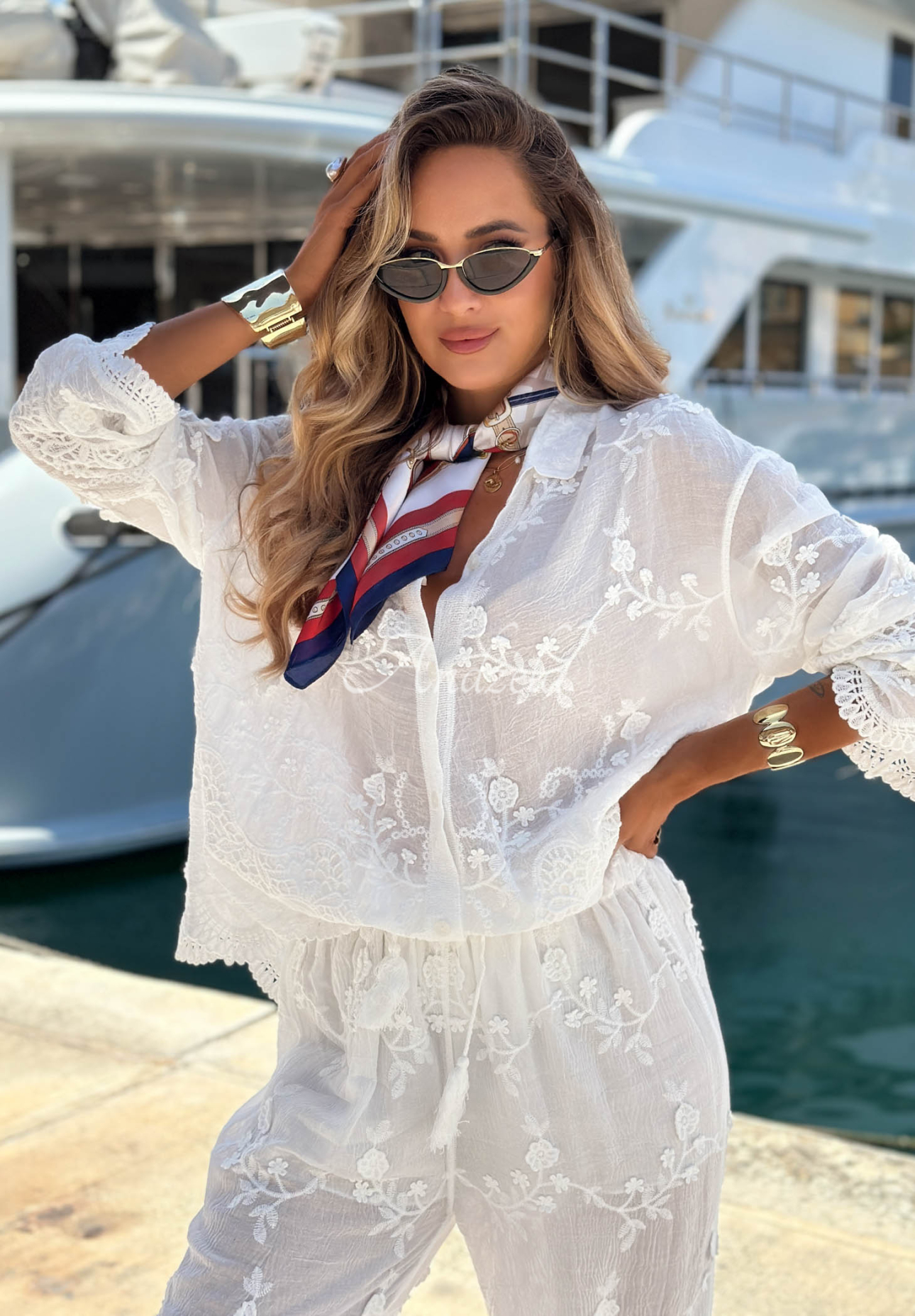 Set brodat din bumbac cămașă și pantaloni boho Capri Holiday