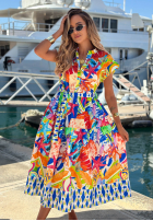 Wzorzysta Rochie midi z paskiem Undersea Life granatowo-portocalie