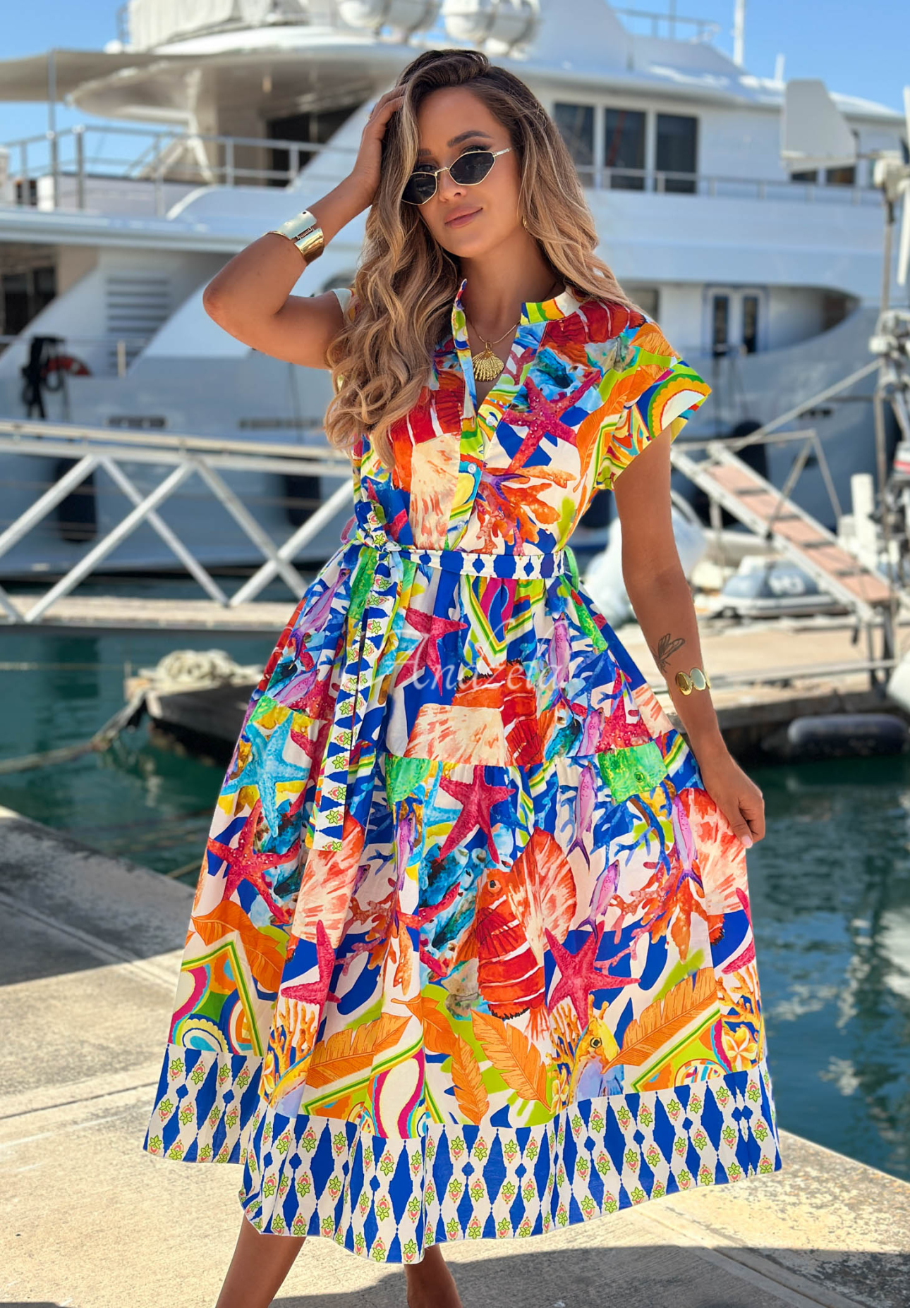 Rochie midi din bumbac cu imprimeu și curea Undersea Life
