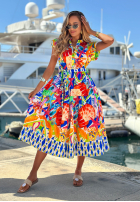 Wzorzysta Rochie midi z paskiem Undersea Life granatowo-portocalie