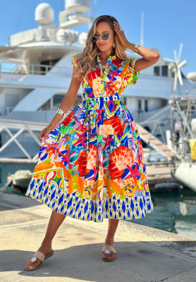 Rochie midi din bumbac cu imprimeu și curea Undersea Life