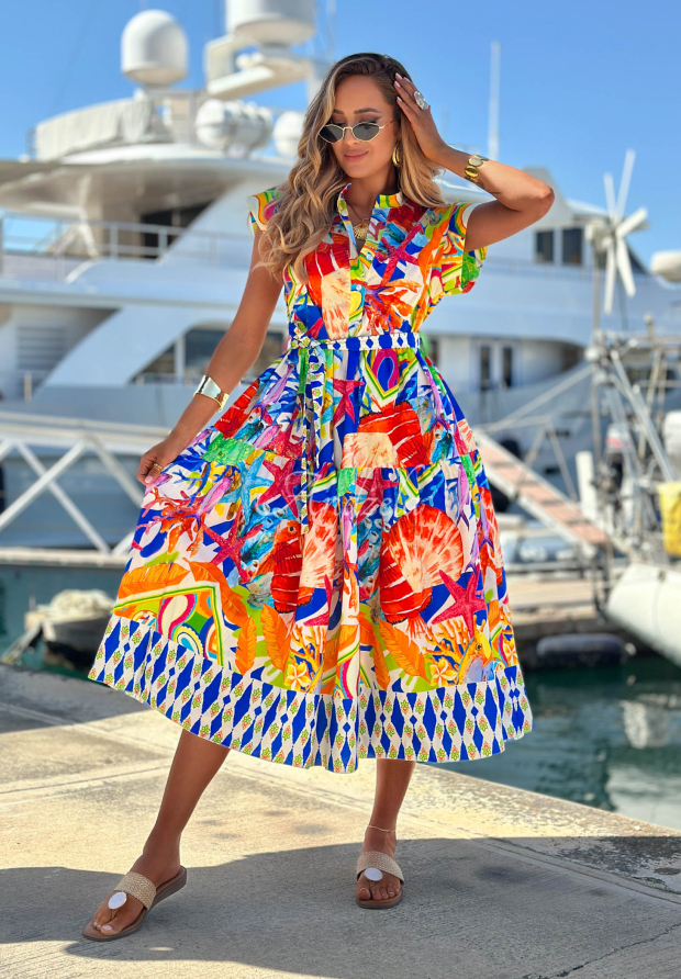 Rochie midi din bumbac cu imprimeu și curea Undersea Life