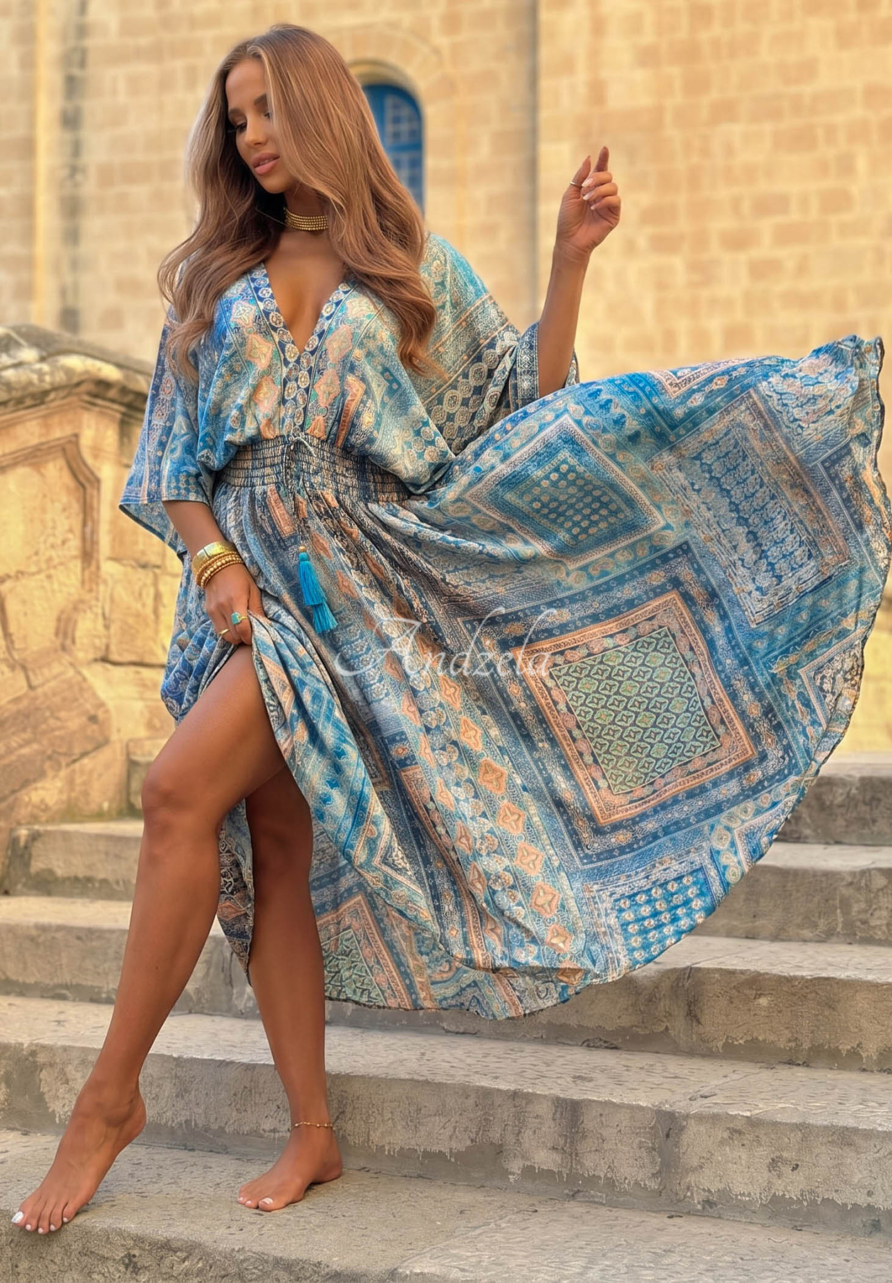 Rochie maxi cu imprimeu și mâneci largi Sun Rituals