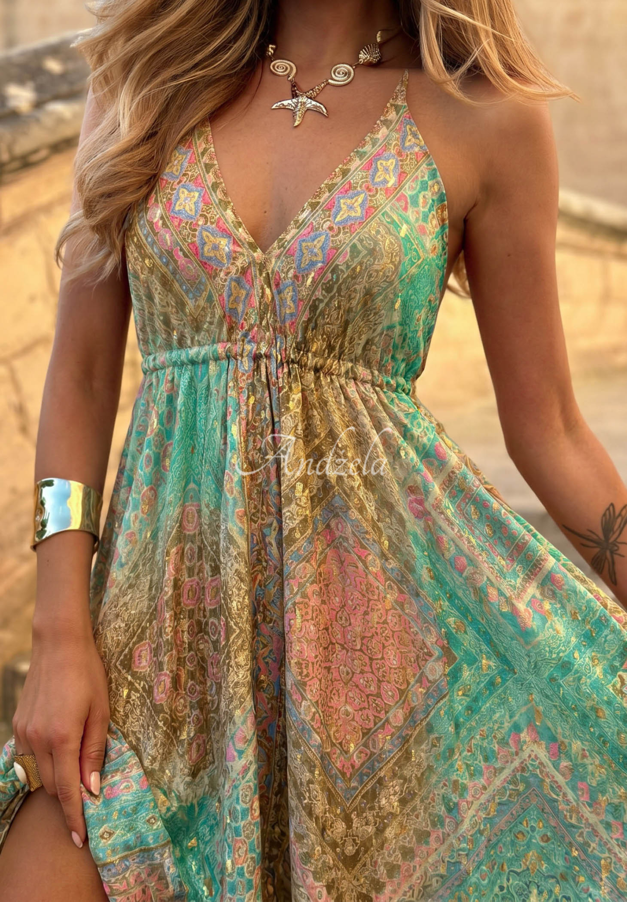 Rochie maxi cu imprimeu și bretele legate Sun Rituals