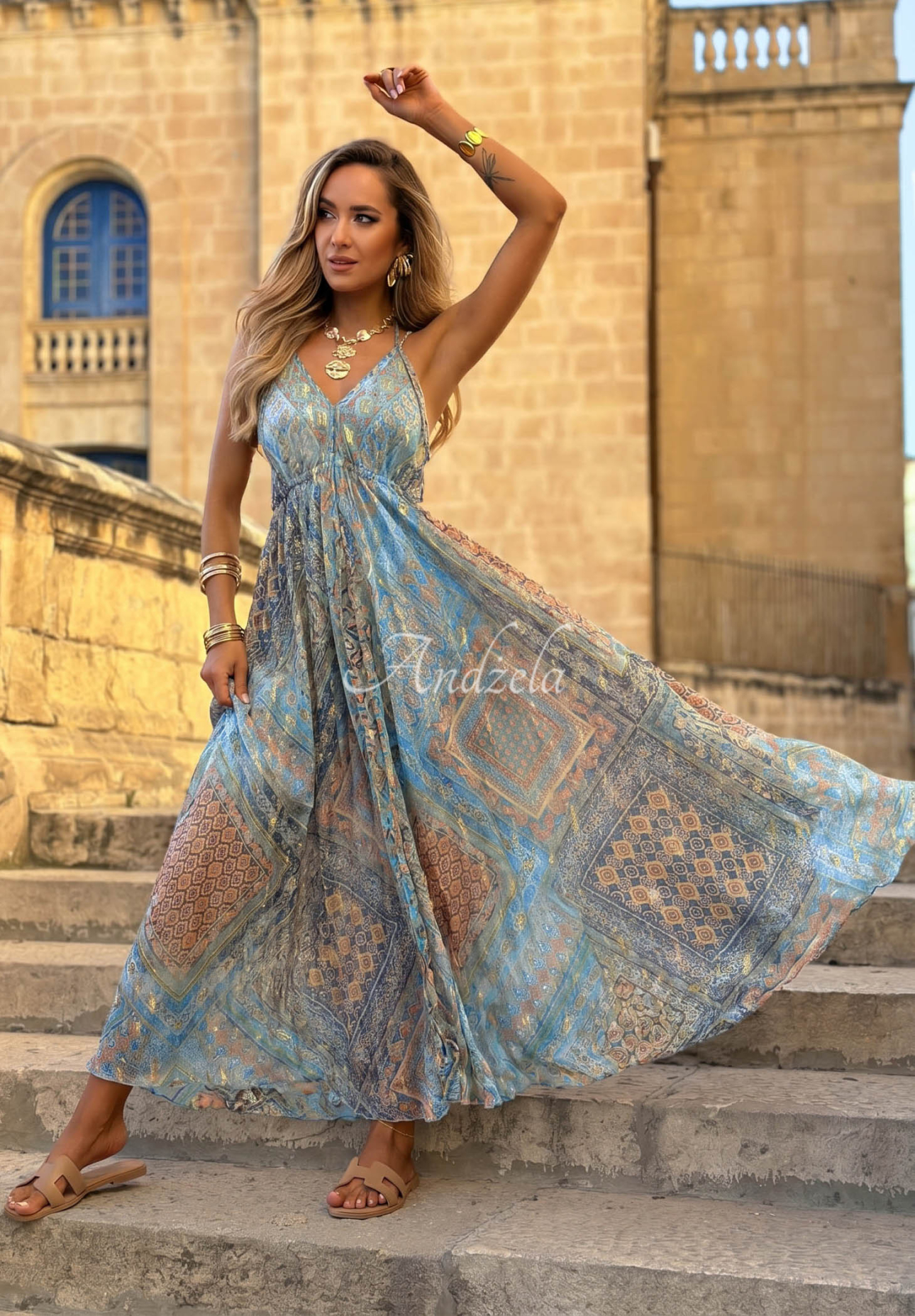 Rochie maxi cu imprimeu și bretele legate Sun Rituals