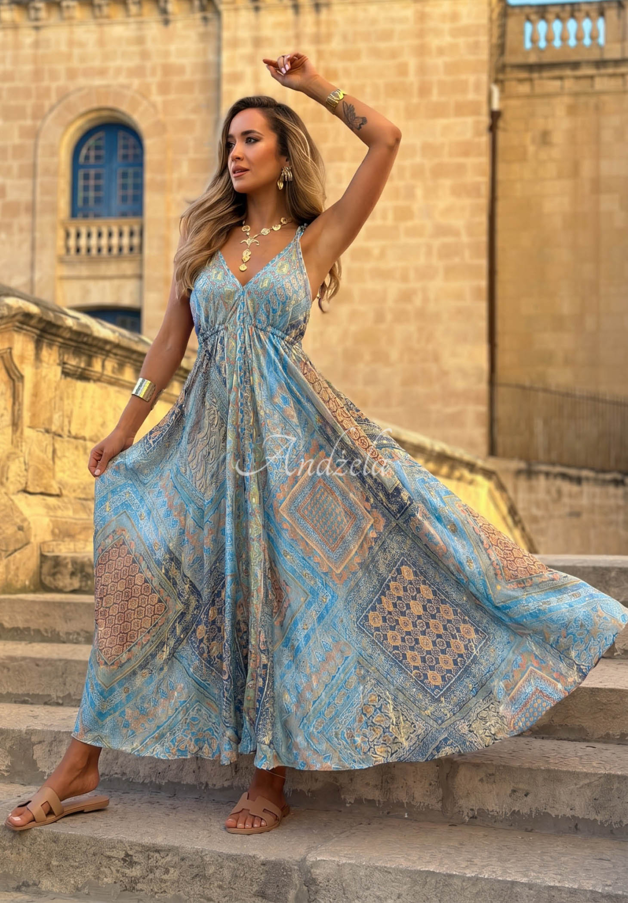 Rochie maxi cu imprimeu și bretele legate Sun Rituals