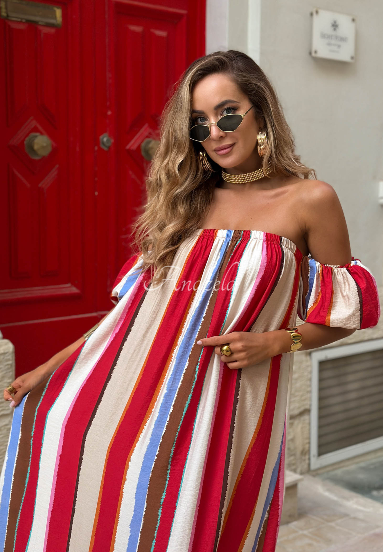 Rochie spaniolă maxi din viscoză în dungi colorate La Fiesta