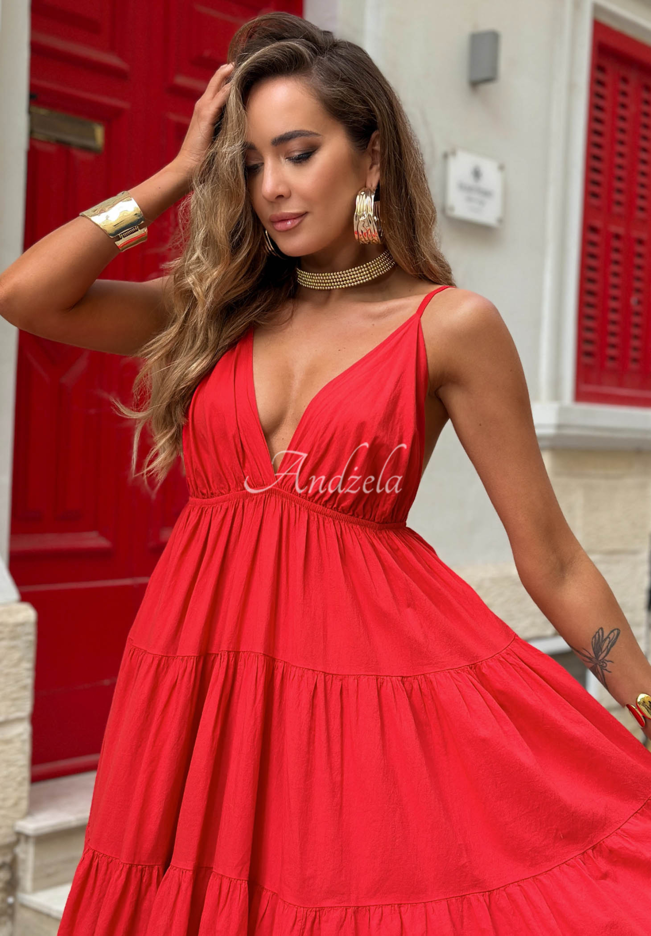 Rochie evazată din bumbac cu bretele Flamenco