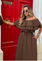 Rochie Cu croială spaniolă maxi z falbankami Sunset Diva ciocolatie