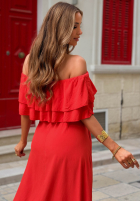 Rochie Cu croială spaniolă maxi z falbankami Sunset Diva ciocolatie