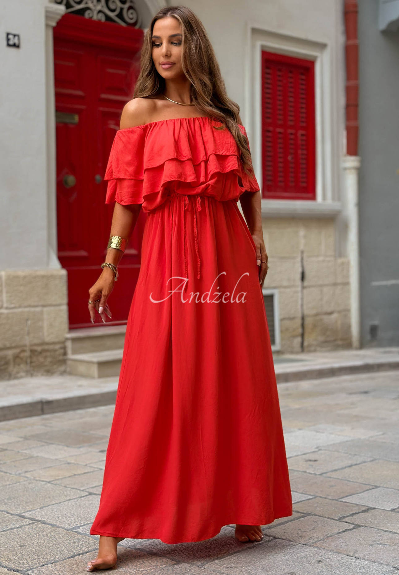 Rochie spaniolă maxi din viscoză cu volănașe Sunset Diva