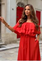 Rochie Cu croială spaniolă maxi z falbankami Sunset Diva ciocolatie