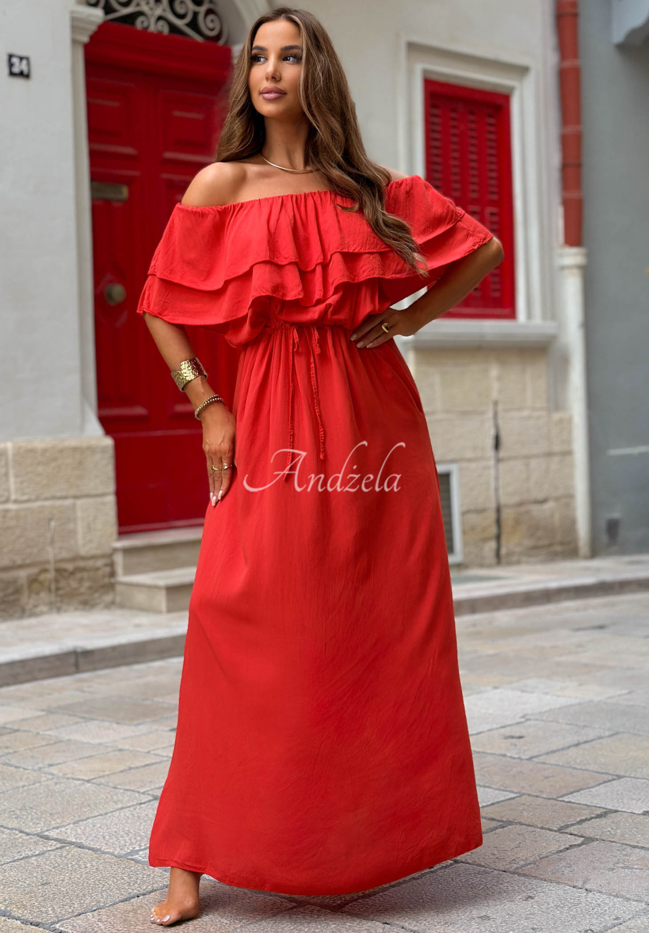 Rochie spaniolă maxi din viscoză cu volănașe Sunset Diva