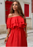 Rochie Cu croială spaniolă maxi z falbankami Sunset Diva ciocolatie