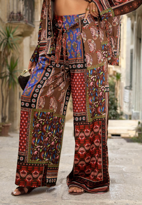Pantaloni din material cu imprimeu cu curea Mosaic Flames