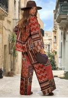 din material textil Pantaloni cu modele z paskiem Mosaic Flames czekoladowo-roșii