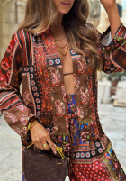 din material textil Pantaloni cu modele z paskiem Mosaic Flames czekoladowo-roșii