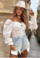 Scurtă ażurowa Bluză z bufkami boho Sea Kiss albă