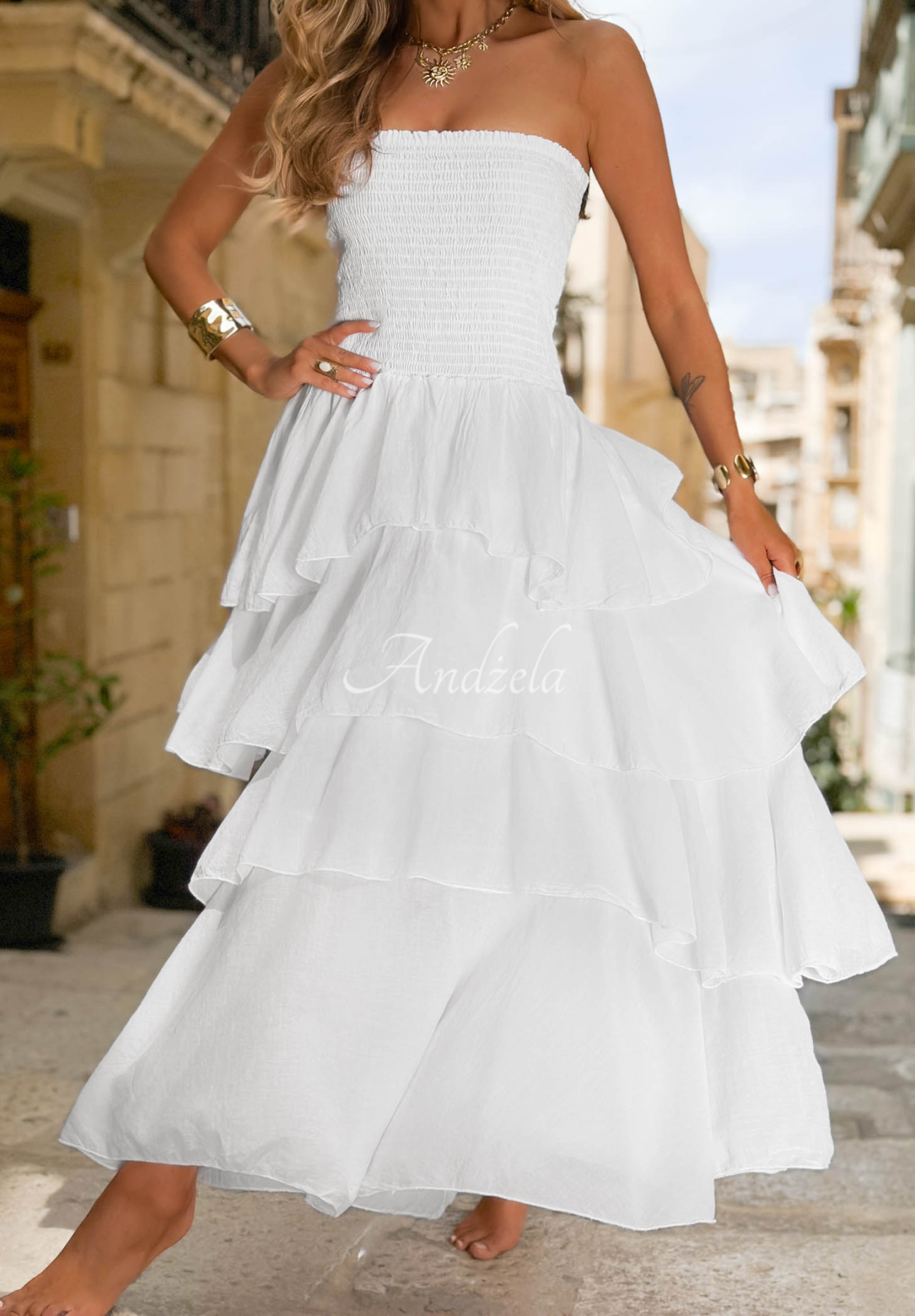 Rochie maxi din bumbac fără bretele cu volănașe Sparkling Ocean
