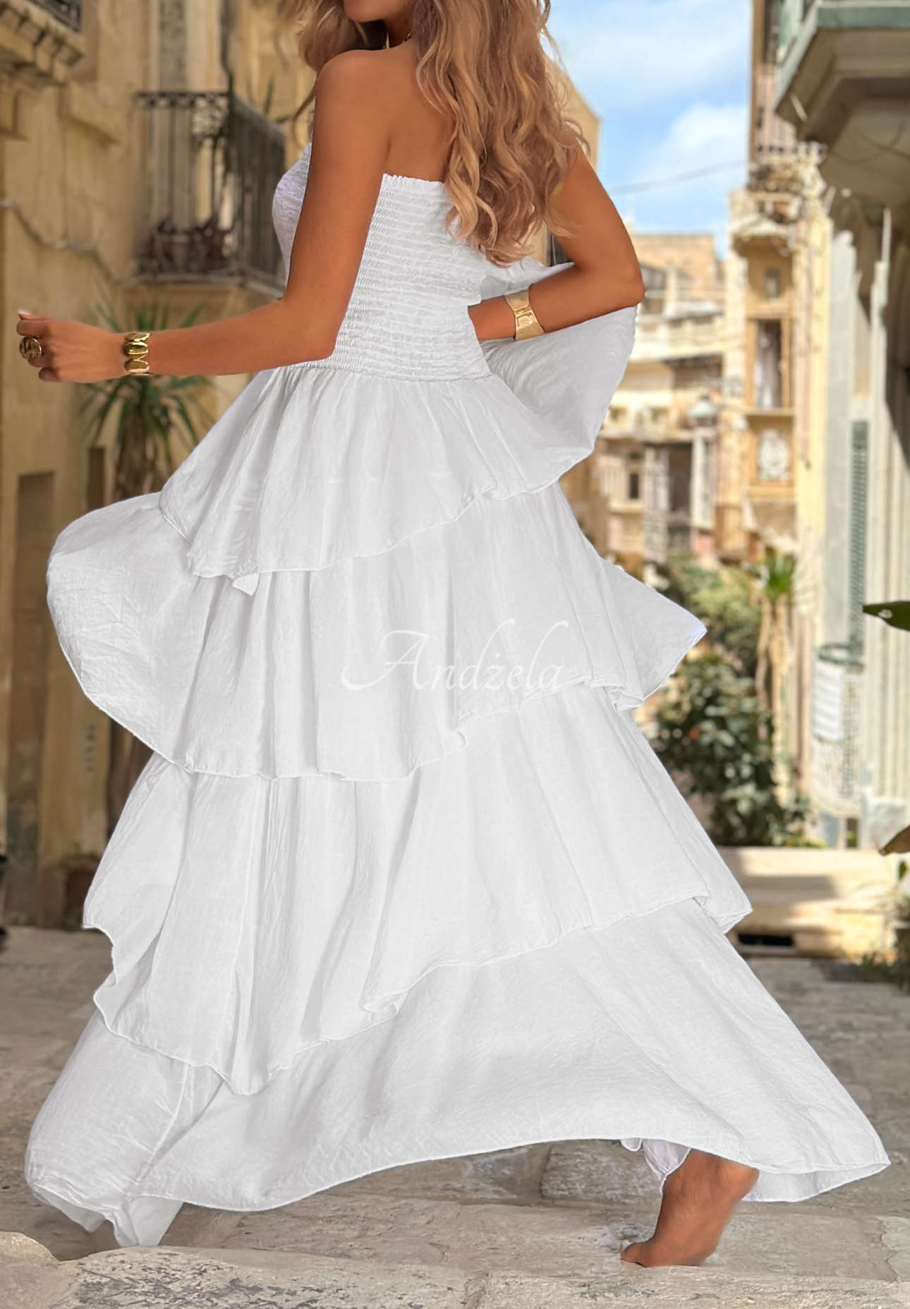 Rochie maxi din bumbac fără bretele cu volănașe Sparkling Ocean
