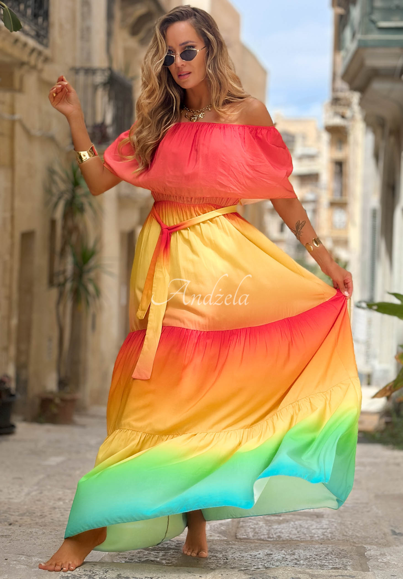 Rochie maxi spaniolă din viscoză ombre Solar Rainbow