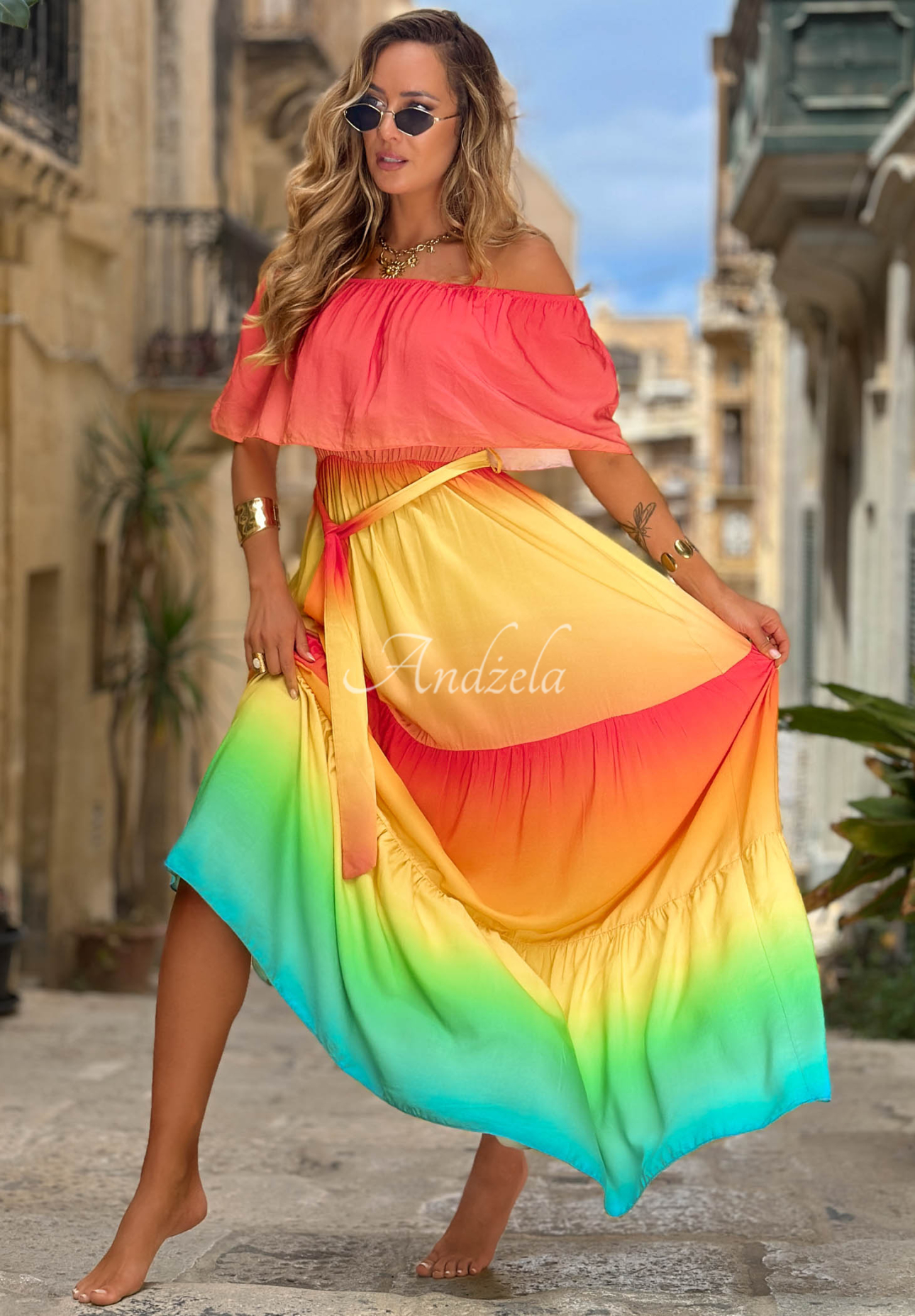 Rochie maxi spaniolă din viscoză ombre Solar Rainbow
