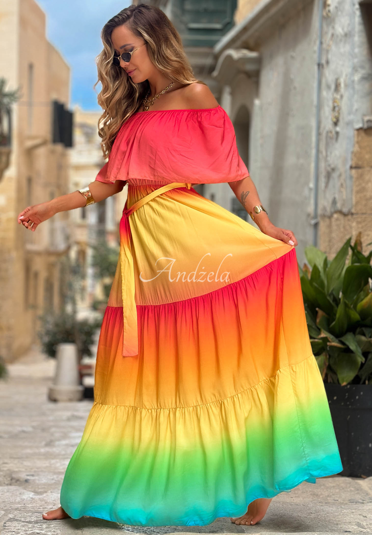 Rochie maxi spaniolă din viscoză ombre Solar Rainbow