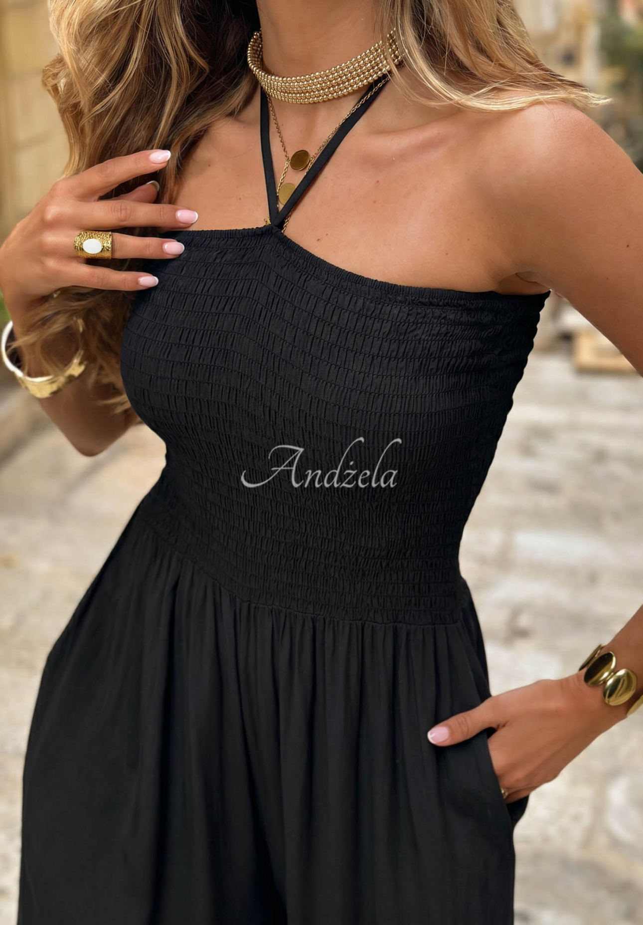 Salopetă lungă din viscoză wide leg cu legare Amalfi Paradise