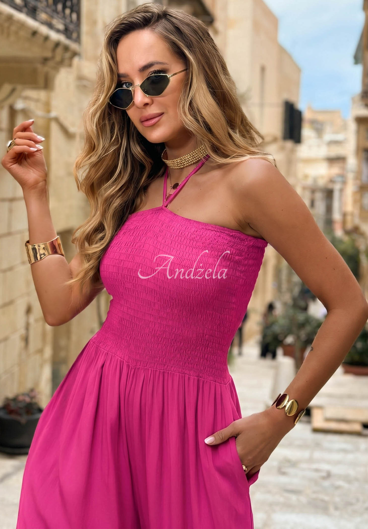Salopetă lungă din viscoză wide leg cu legare Amalfi Paradise