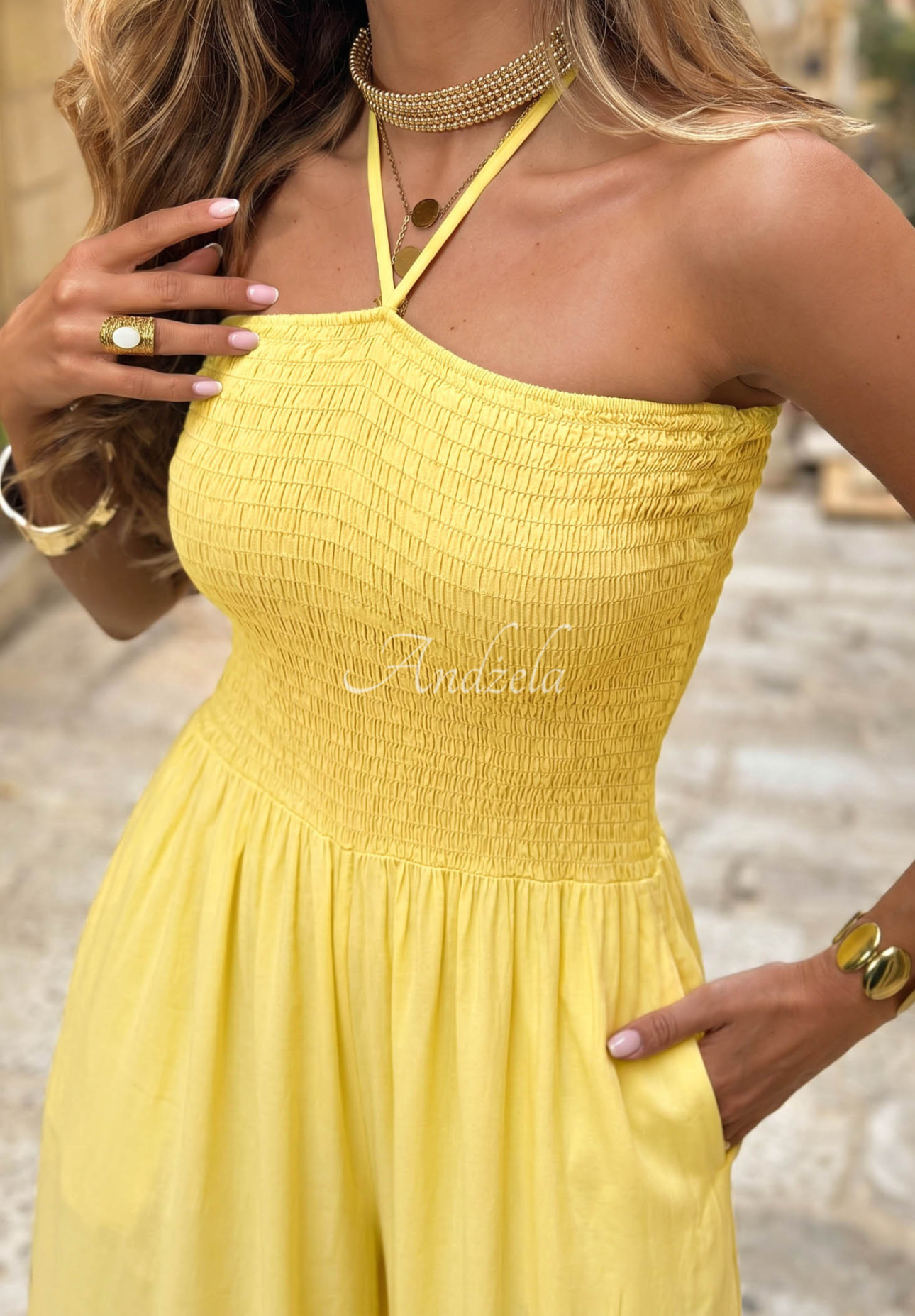 Salopetă lungă din viscoză wide leg cu legare Amalfi Paradise