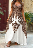 Wzorzysta Rochie maxi na ramiączkach Summer Coffee biało-ciocolatie