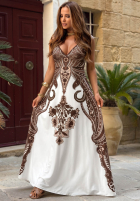 Wzorzysta Rochie maxi na ramiączkach Summer Coffee biało-ciocolatie