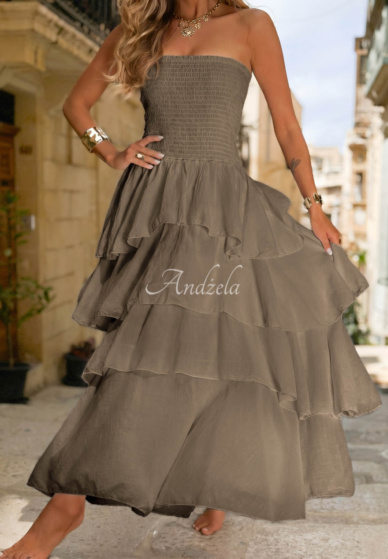 Rochie maxi din bumbac fără bretele cu volănașe Sparkling Ocean