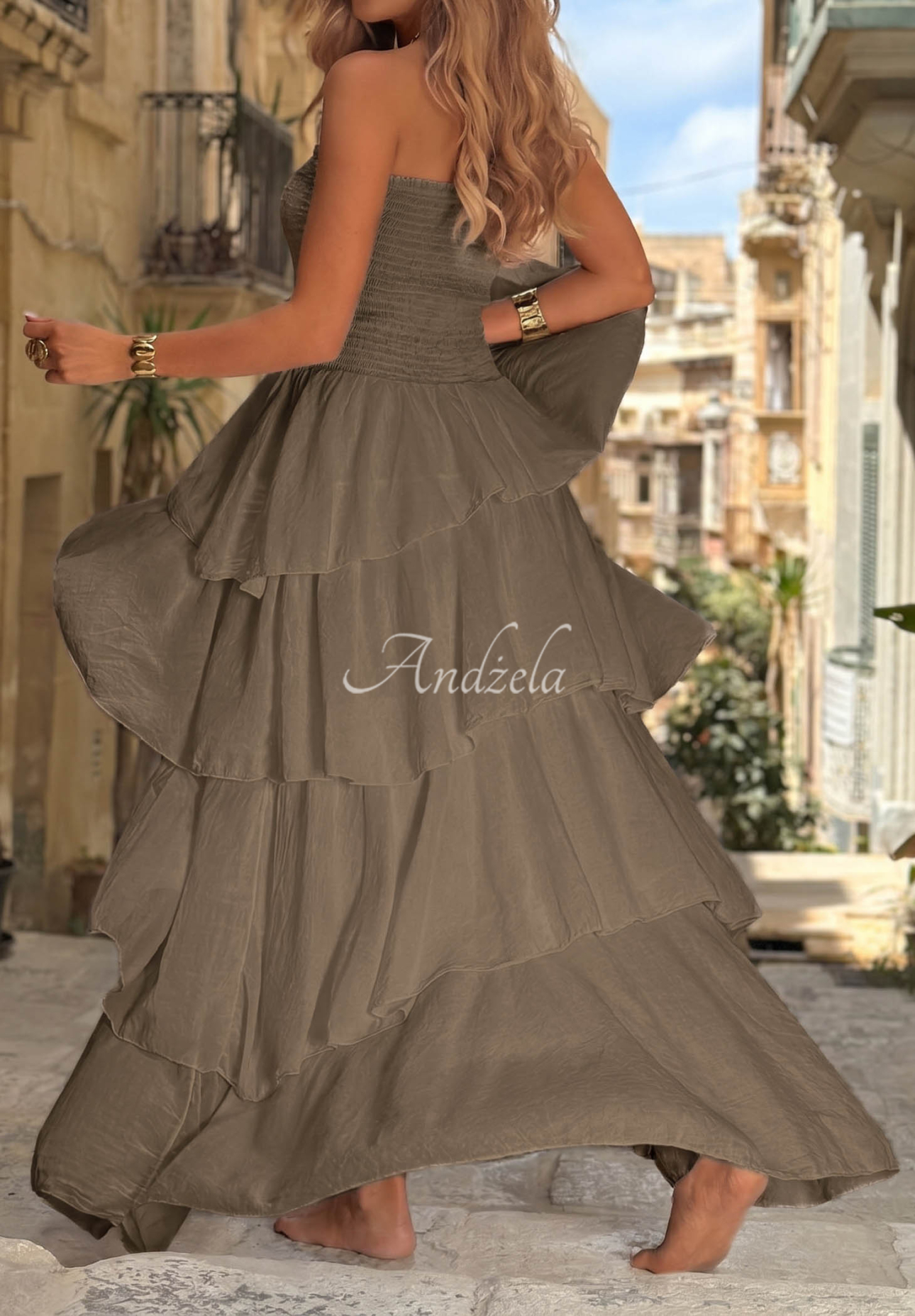 Rochie maxi din bumbac fără bretele cu volănașe Sparkling Ocean