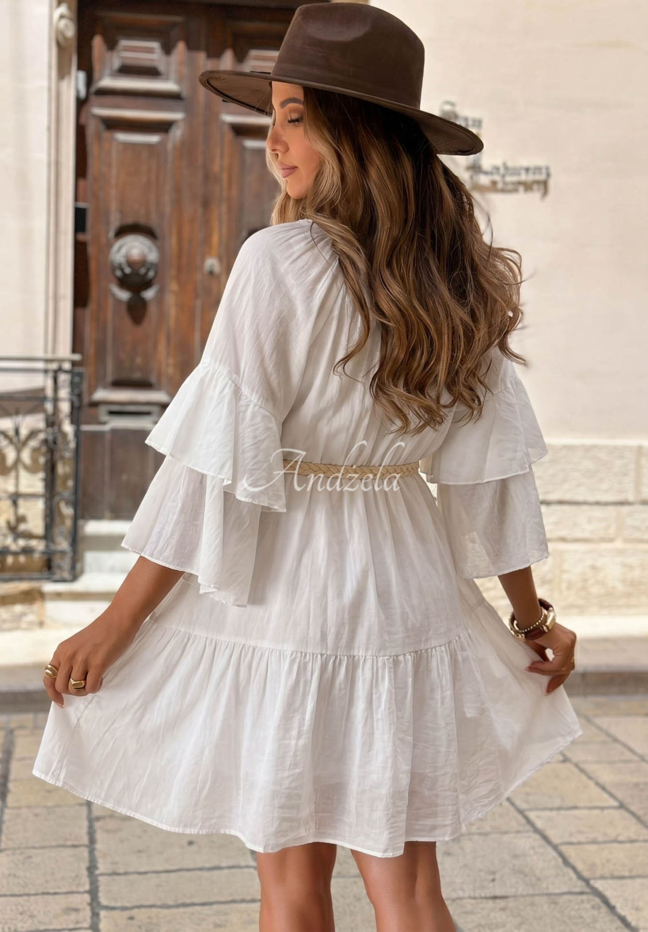 Rochie din bumbac cu volănașe și curea Malta Romance Flame