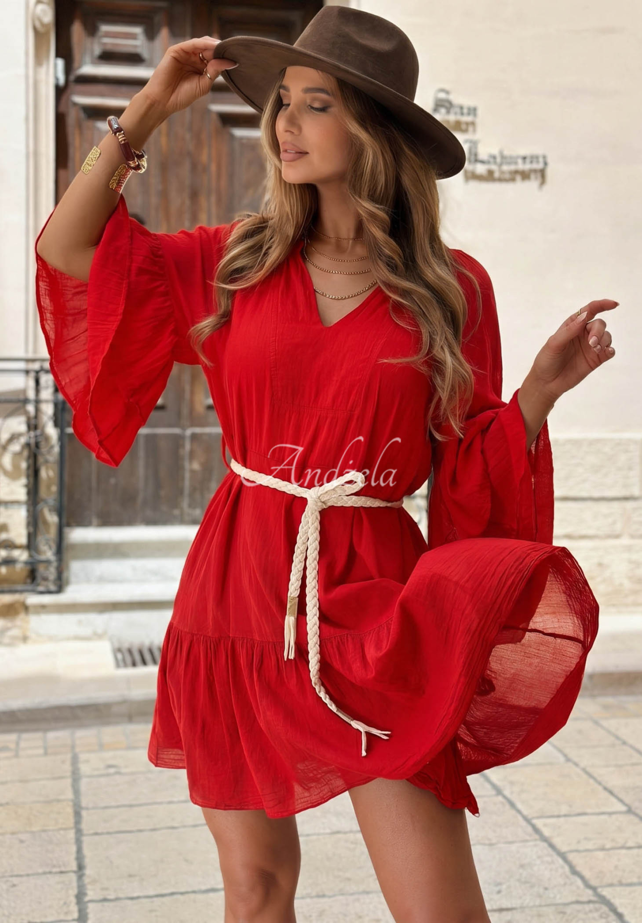Rochie din bumbac cu volănașe și curea Malta Romance Flame