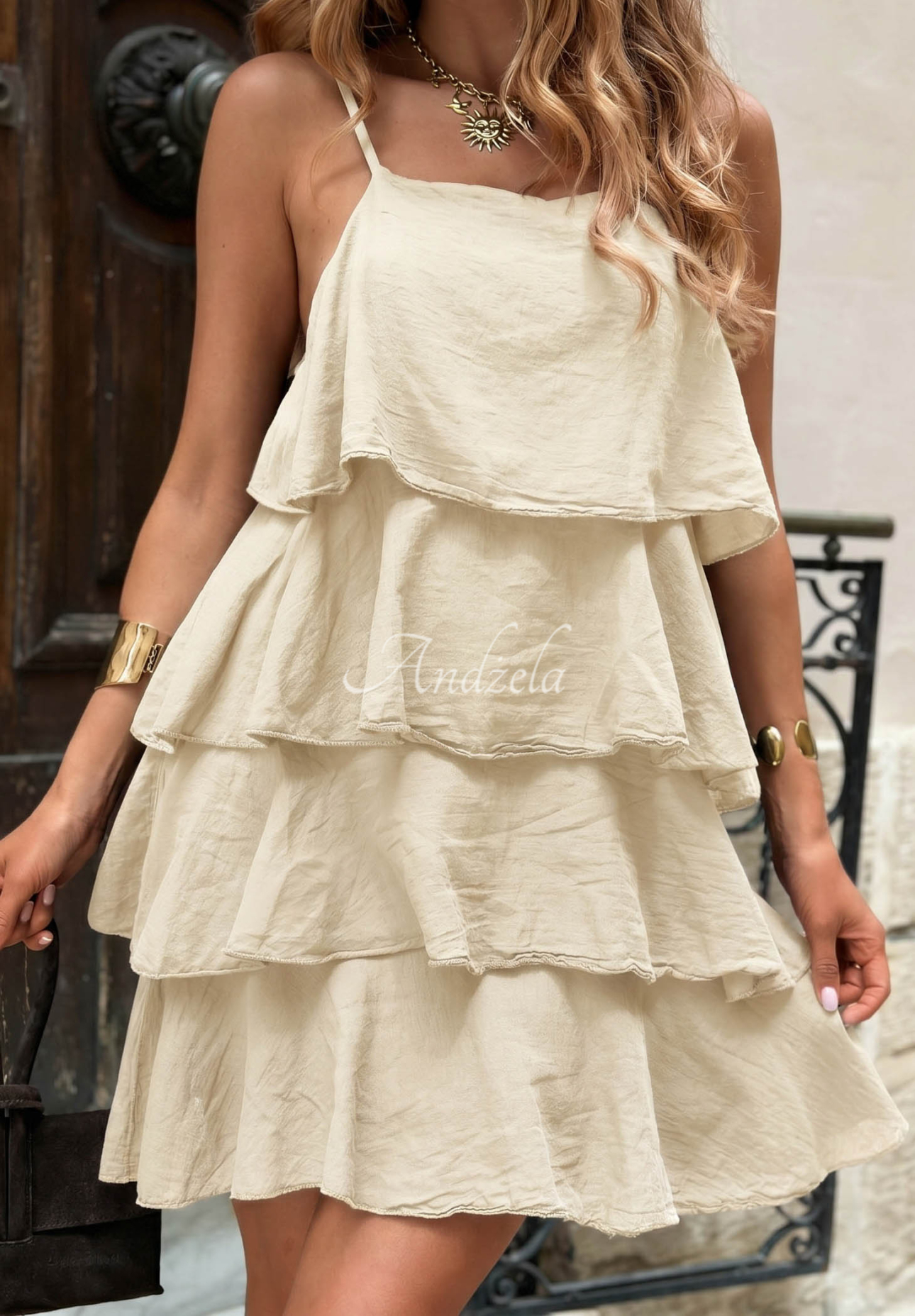 Rochie mini din bumbac cu bretele și volănașe Malta Romance Flame