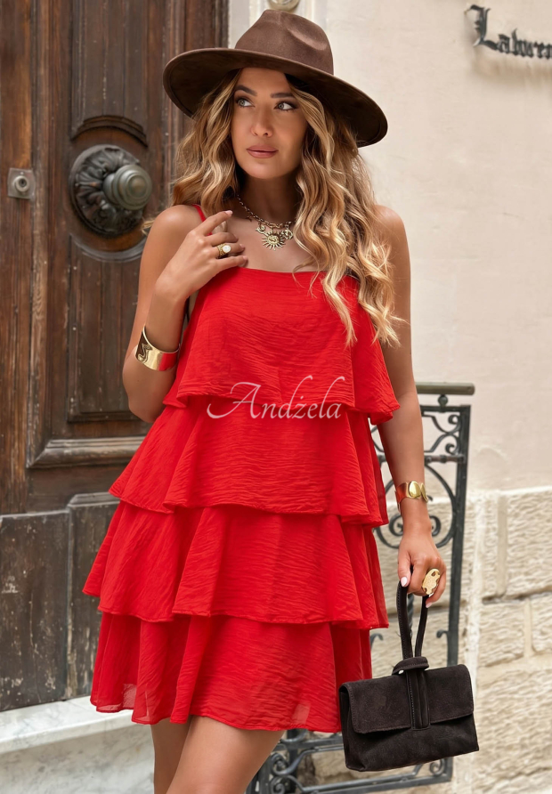 Rochie mini din bumbac cu bretele și volănașe Malta Romance Flame